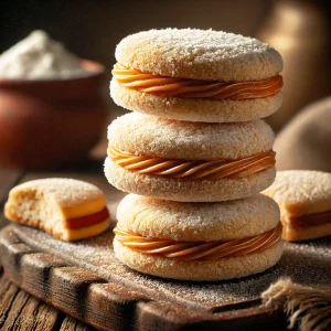 DALL·E 2024-07-09 14.00.39 - A close-up image of Alfajores Peruanos, showing three traditional Peruvian sandwich cookies filled with dulce de leche and dusted with powdered sugar