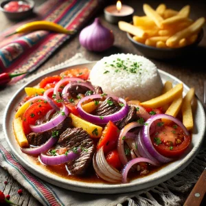 DALL·E 2024-07-09 14.08.42 - A close-up image of Lomo Saltado, a traditional Peruvian dish. The dish features strips of juicy beef stir-fried with red onions and tomatoes. The sti