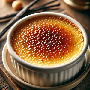 DALL·E 2024-07-09 14.16.53 - A close-up image of a classic Crème Brûlée. The dessert features a smooth, creamy custard base topped with a perfectly caramelized sugar crust. The to